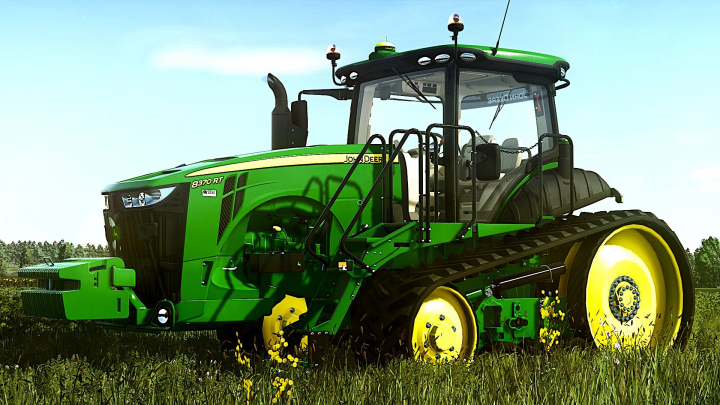 fs25-mods,  John Deere 8RT 2018 mod in FS25, featuring a green tractor with track wheels on a grassy field.