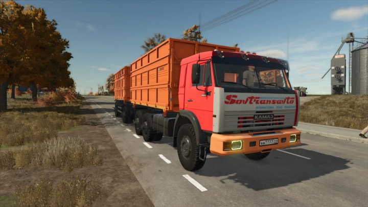 fs25-mods,  KamAZ-65111 truck mod for Farming Simulator 25, featuring an orange and red design, driving on a rural road.