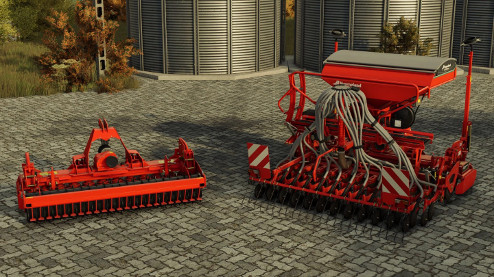 fs25-mods,  Kverneland e-drill maxi mod for FS25, featuring a red seed drill and power harrow on a farm.