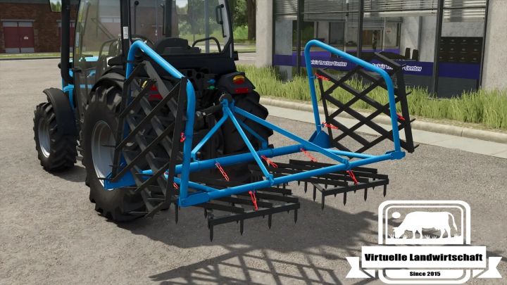 fs25-mods, FS25 mod Lizard 4m Grubber v1.0.0.0 attached to tractor, showcasing its sturdy blue frame.