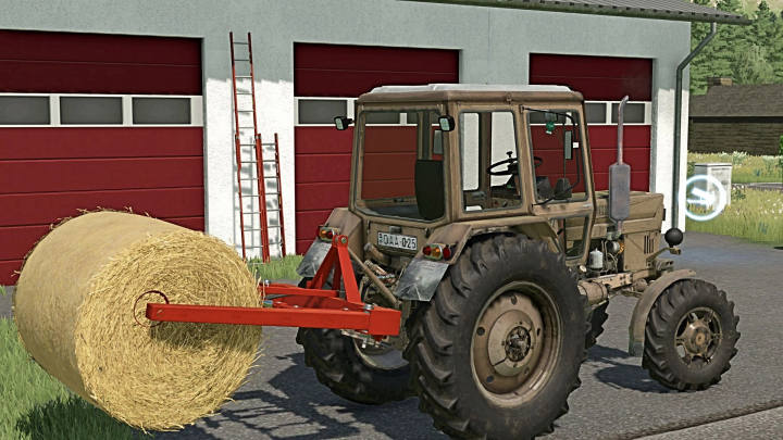 fs22-mods,  FS22 mod MTZ 82 BARNA tractor carrying a hay bale near a barn in Farming Simulator 22.