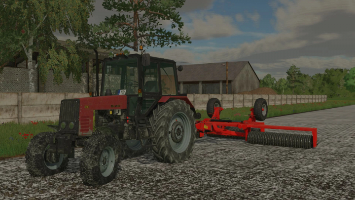 fs22-mods,  MTZ 8xx tractor mod in Farming Simulator 22, featuring a red tractor with a rear attachment on a farm road.