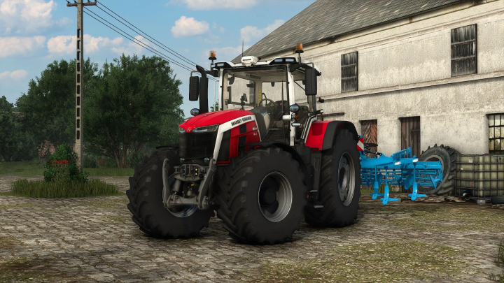 fs25-mods,  Massey Ferguson 8S tractor mod for FS25, parked on a cobblestone path beside a barn.