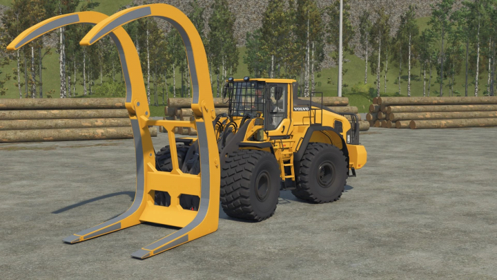 fs25-mods, FS25 mod - Edited Volvo l180H with Millyard Grapple in a lumberyard environment.