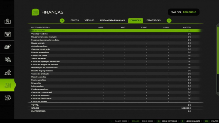 fs25-mods,  FS25 mod No Loan v2.0.0.0 finance screen shows zero debts and a balance of 100,000€.