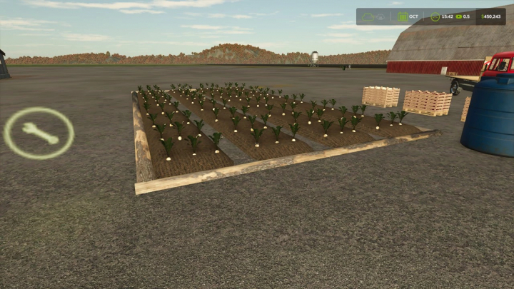 fs25-mods, Open field garden with planted crops in FS25 mod, OPEN FIELD GARDEN v1.0.0.0, showing organized rows and nearby crates.