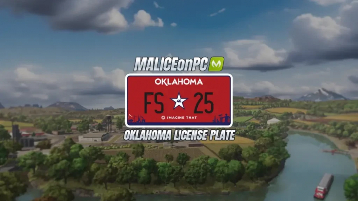 fs25-mods,  Oklahoma License Plate mod for Farming Simulator 25, featuring a scenic farm landscape.