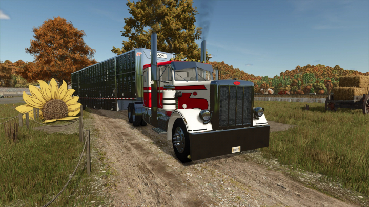 fs25-mods,  Peterbilt 359 truck mod in Farming Simulator 25 crossing a dirt path with a sunflower and hay bales in the background.