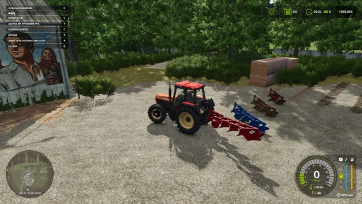 fs25-mods, Tractor with plow attachment in Farming Simulator 25, featuring Plow Pack v1.1.0.0 mod. Surrounding lush greenery and a mural visible in background.