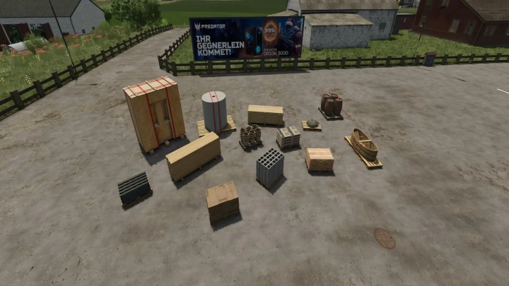 fs25-mods,  FS25 mods Purchasable Production Goods v1.0.0.0 showing various packaged items on a farm.