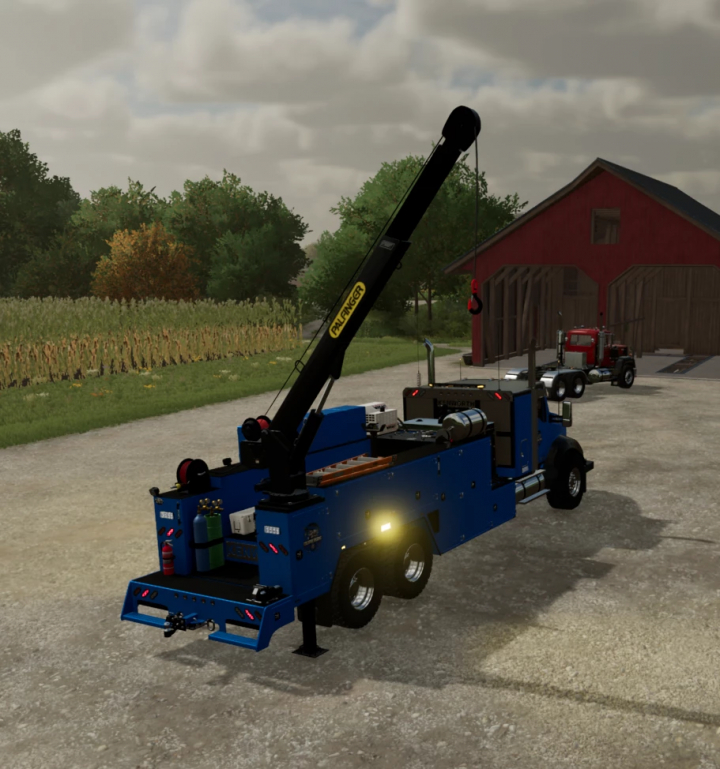 fs25-mods,  FS25 mod showcasing RMC's T880 Service Truck Edit in a farm setting with barn and cornfield.