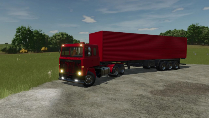 fs25-mods,  FS25 mod Scania LK 140 Series v1.0.0.0 in a field, featuring a red truck and trailer.