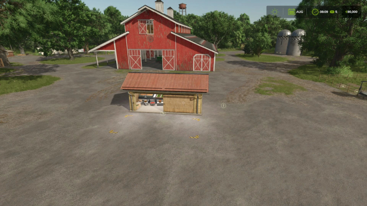 fs25-mods,  FS25 mod Sell Everything v1.0.0.0 shows a small structure near a red barn, designed for selling various items in Farming Simulator 25.