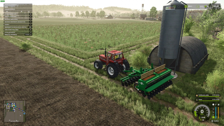 fs25-mods,  Tractor with seeder near silo in FS25 mod Shop Station v1.0.1.0, showcasing farming equipment.