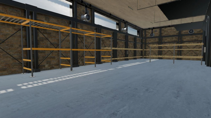 fs25-mods,  Interior view of Stani Hall building yard v1.0.0.0 mod for FS25, featuring shelving units against stone walls.