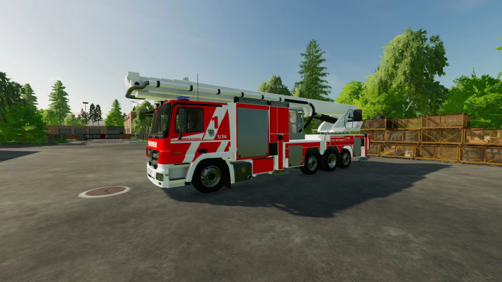 fs22-mods,  Fire truck mod in FS22's TMB Der BF Mittelberg, version 1.0.0.0, parked in a lot with trees and crates.