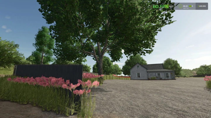 fs25-mods,  FS25 mod 'Terenurile nimanui v1.0.0.0' features a rural scene with a house, trees, and pink flowers.