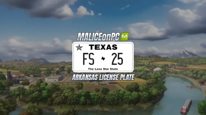 fs25-mods,  Texas License Plate mod for FS25 displayed with scenic Farming Simulator 25 landscape.