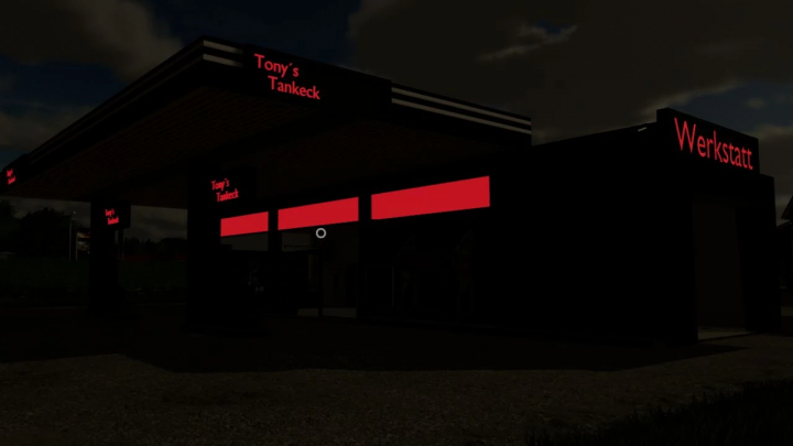 fs25-mods,  FS25 mod Tony's Tankeck v1.0.0.0 gas station at night with illuminated signs.