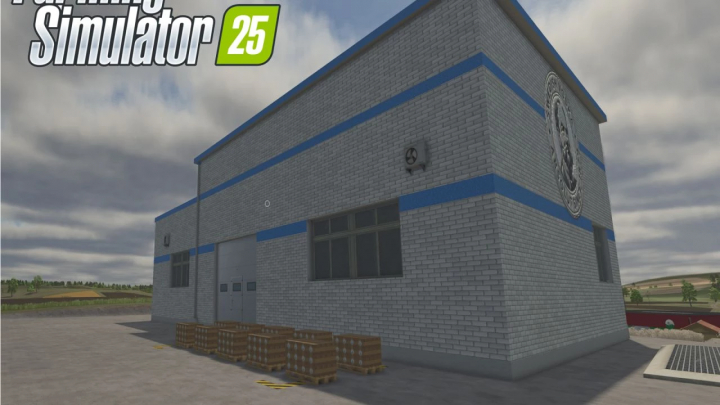 fs25-mods,  FS25 Vodka Factory mod showing an industrial building with crates outside, enhancing Farming Simulator 25 gameplay.