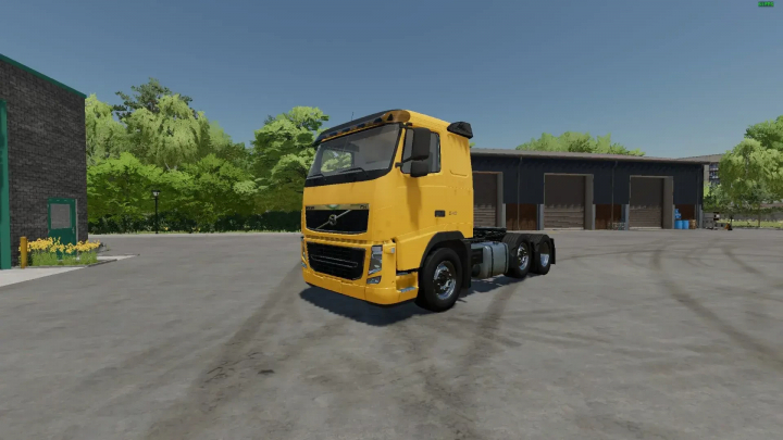 fs22-mods,  Volvo FH3 6x2 truck mod in Farming Simulator 22, parked in front of a garage.