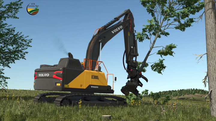 fs25-mods,  FS25 mod, WOODCRACKER C550 Black v1.0.0.0 shown on a Volvo excavator trimming tree branches in Farming Simulator 25.