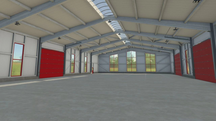 fs25-mods,  Interior of White Roof Buildings Pack mod in FS25, showing a spacious warehouse with red doors and large windows.