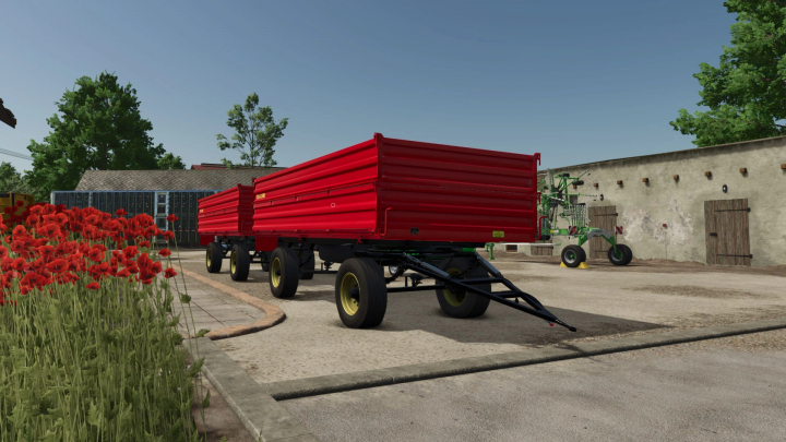 fs25-mods,  FS25 mod Zmaj 489 v1.0.0.0 trailer in farm setting with red paint, surrounded by poppy flowers.