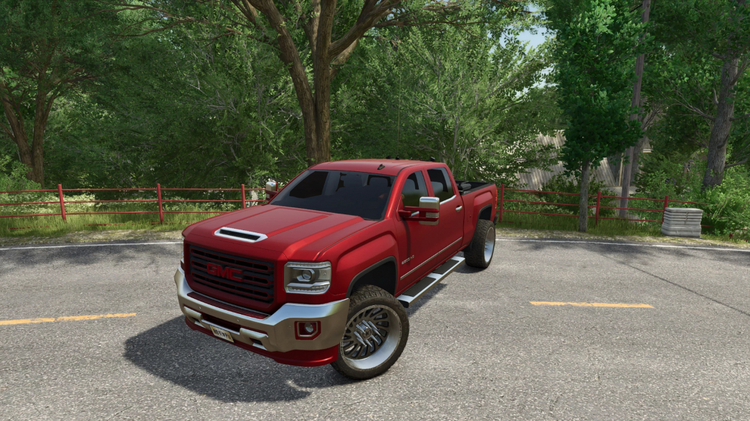 Red 2018 GMC Sierra 2500 mod in FS25, version 1.0.0.0, parked on a road with trees in the background.