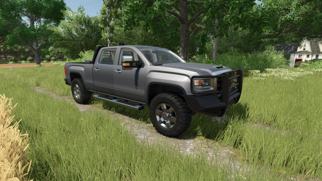 FS25 mod: 2018 GMC Sierra 2500 v1.0.0.0 in a grassy field, showcasing realistic vehicle details in Farming Simulator 25.