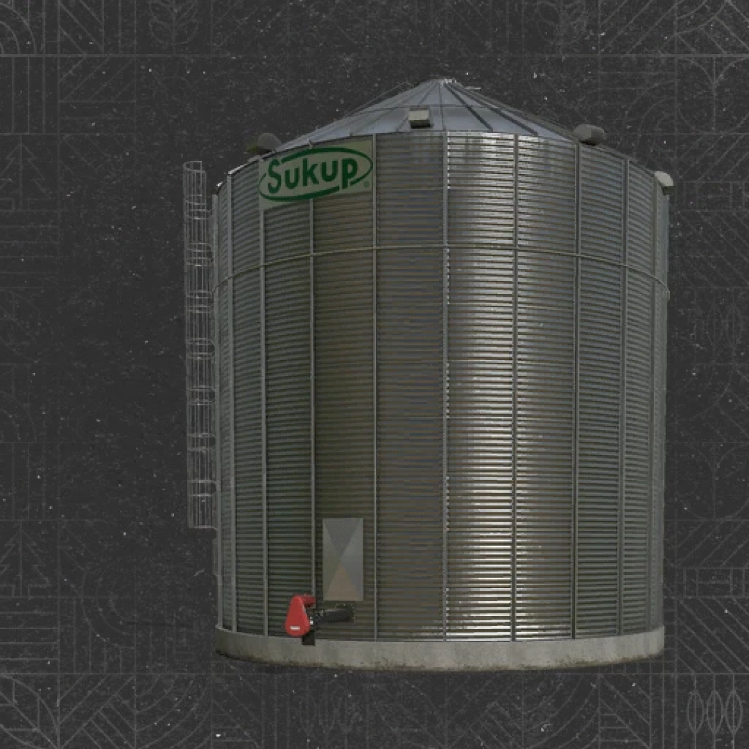 Image of the 31k Sukup Grain Bin mod for Farming Simulator 25, version 1.0.0.0, featuring a large metal grain silo.