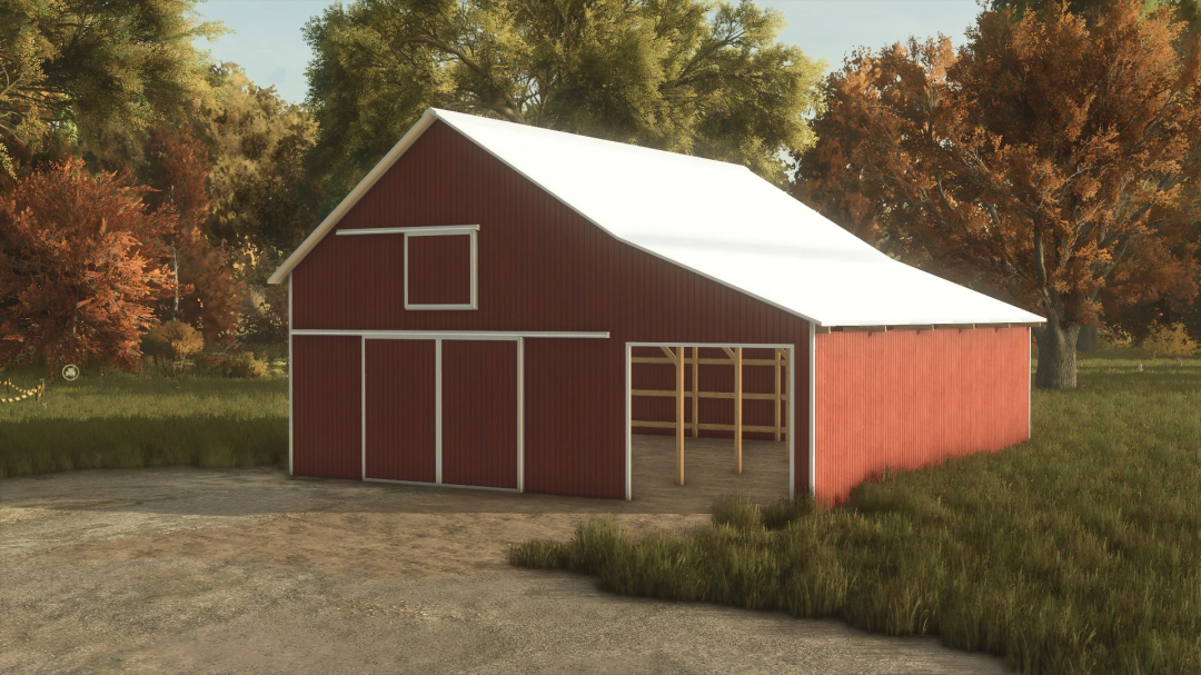 32x34 Hay Shed mod in FS25 with red barn and white roof in a wooded area.