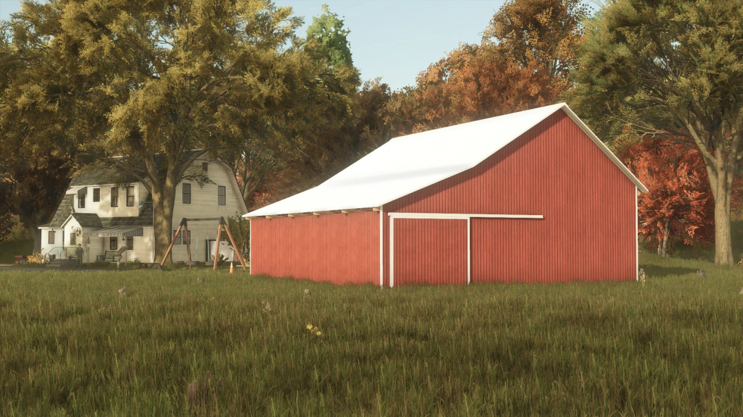 Red 32x34 Hay Shed mod for FS25 in a grassy area with trees, enhances Farming Simulator 25 landscapes.