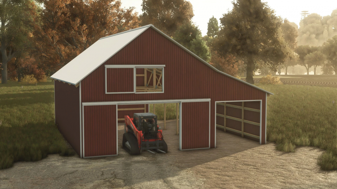 32x34 Hay Shed mod v1.0.0.0 for FS25, featuring a red barn with open doors and farm equipment in a rural setting.