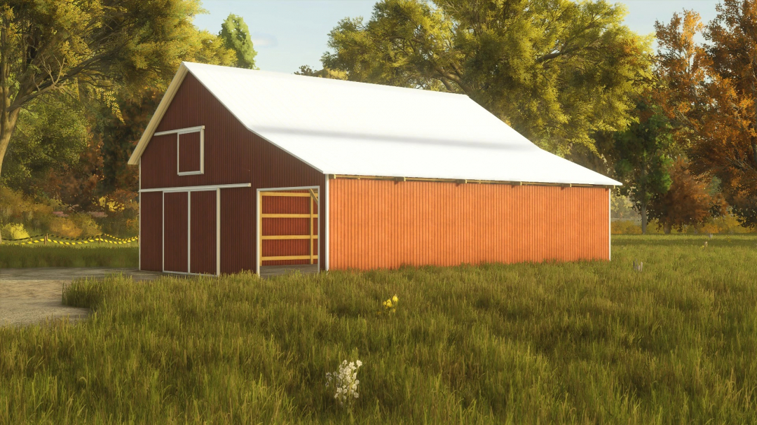 FS25 mod 32x34 Hay Shed v1.0.0.0 with a red exterior in a green field for Farming Simulator 25.