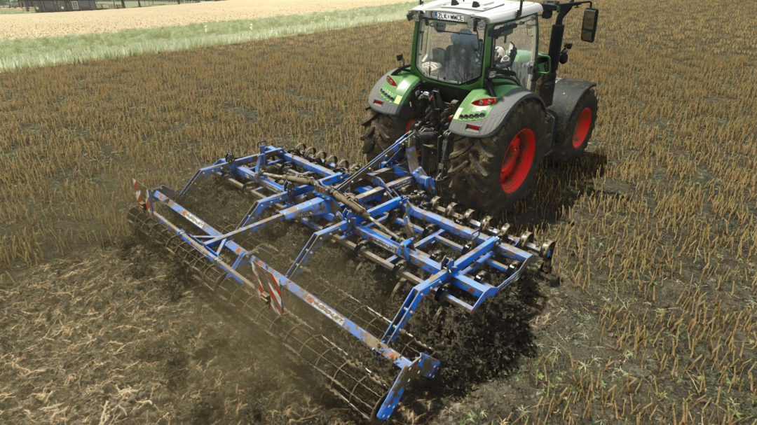 FS25 mod Agro-Lift KUSH cultivator used by a tractor on a harvested field.