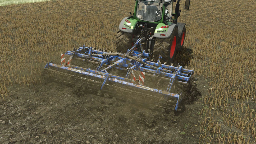 FS25 mod image showing Agro-Lift KUSH v1.0.0.0 cultivator attached to a tractor tilling a field.