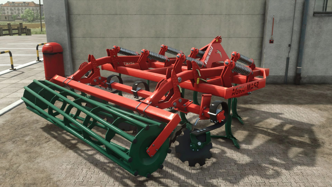 Agro Masz APN30 mod for FS25, showing a red and green cultivator in Farming Simulator 25.