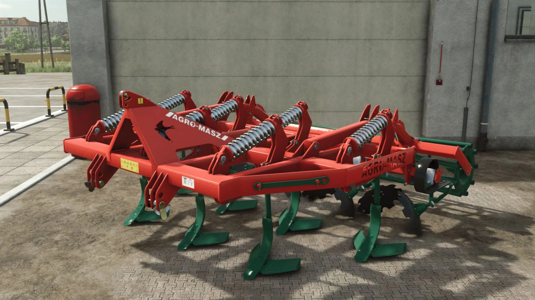 FS25 mod Agro Masz APN30 cultivator version 1.0.0.0 displayed outdoors, showcasing red and green farm equipment design.