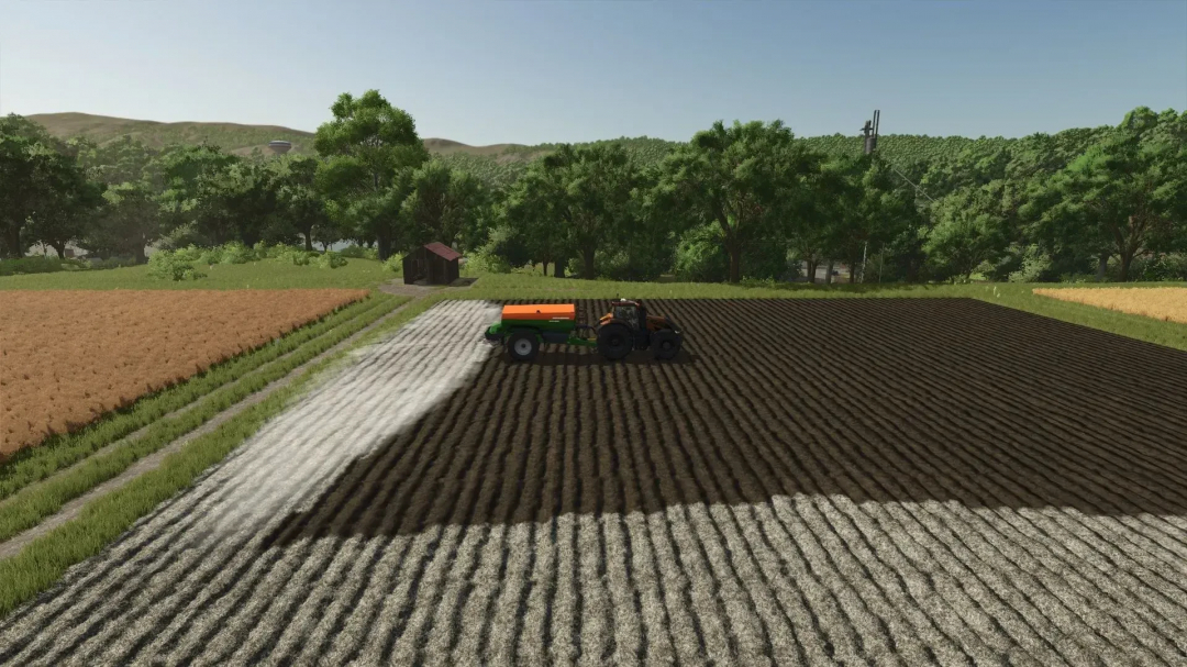 FS25 mod Amazone Seeder Spreaders in action, fertilizing farmland with green tractor in Farming Simulator 25.