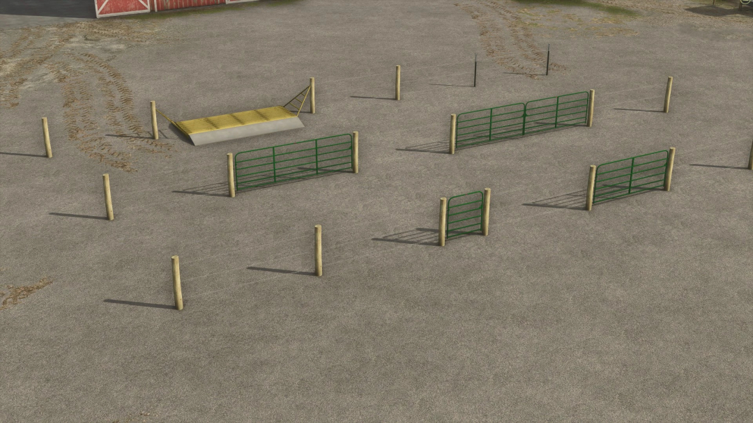 FS25 mods image of American Fence and Gates v1.0.0.0 showing green gates and wooden posts on a gravel surface.