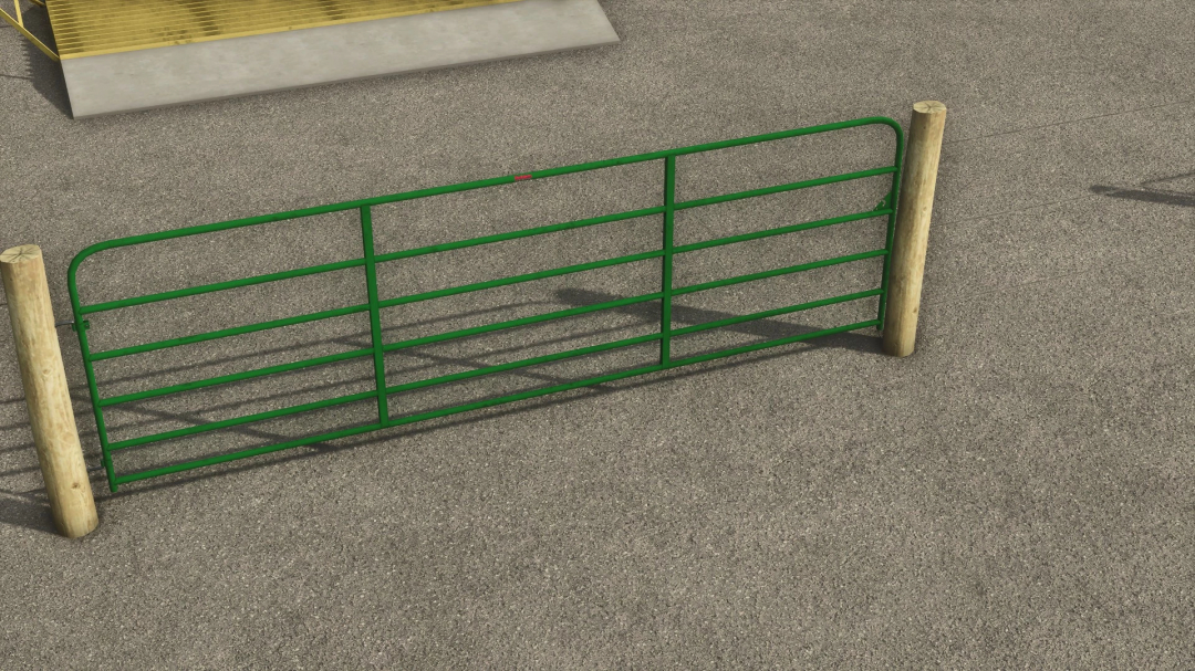 Green metal gate mod for Farming Simulator 25, featuring American Fence and Gates v1.0.0.0 on asphalt.