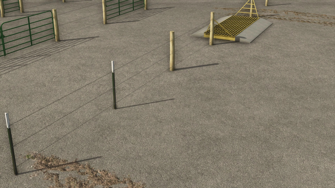 American Fence and Gates mod in FS25, showing wire fencing and cattle grid on a sandy terrain.