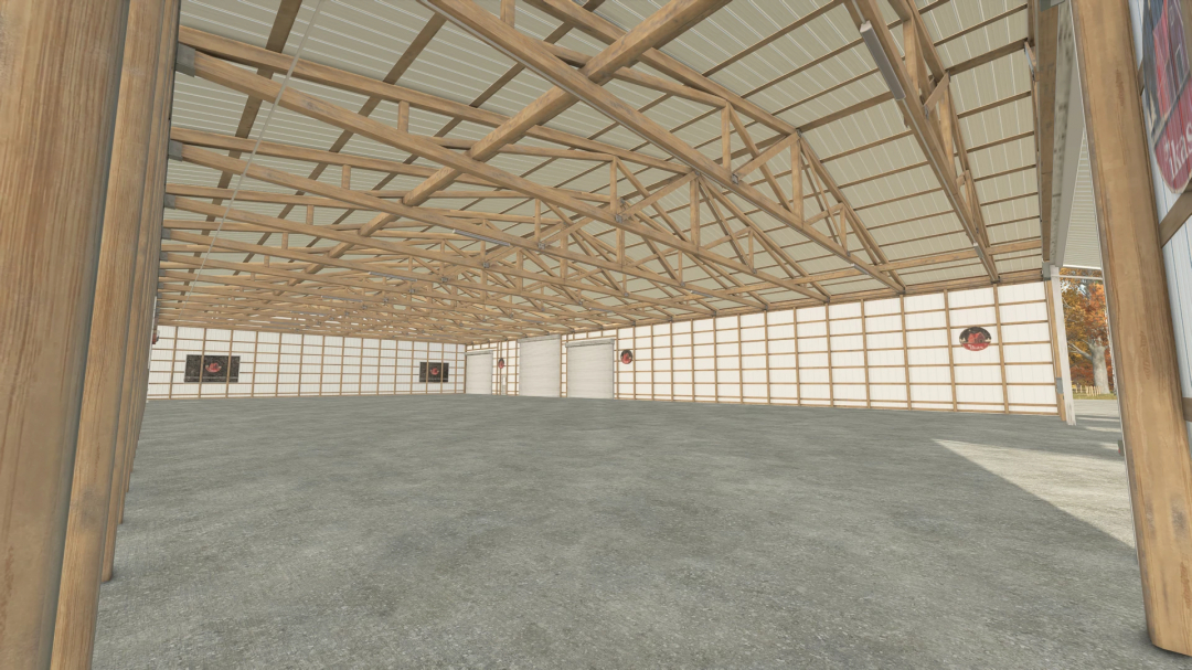 Interior view of American Midwest Cold Storage mod in FS25, showcasing wooden framework and spacious layout.