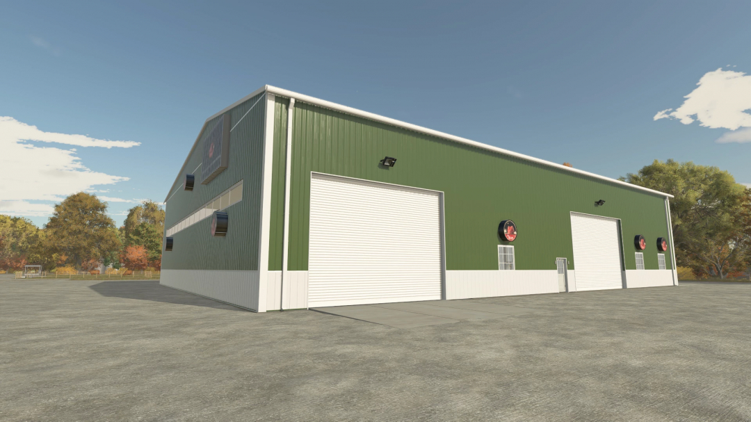 American MIDWEST Shop mod for FS25 with green walls and large garage doors.