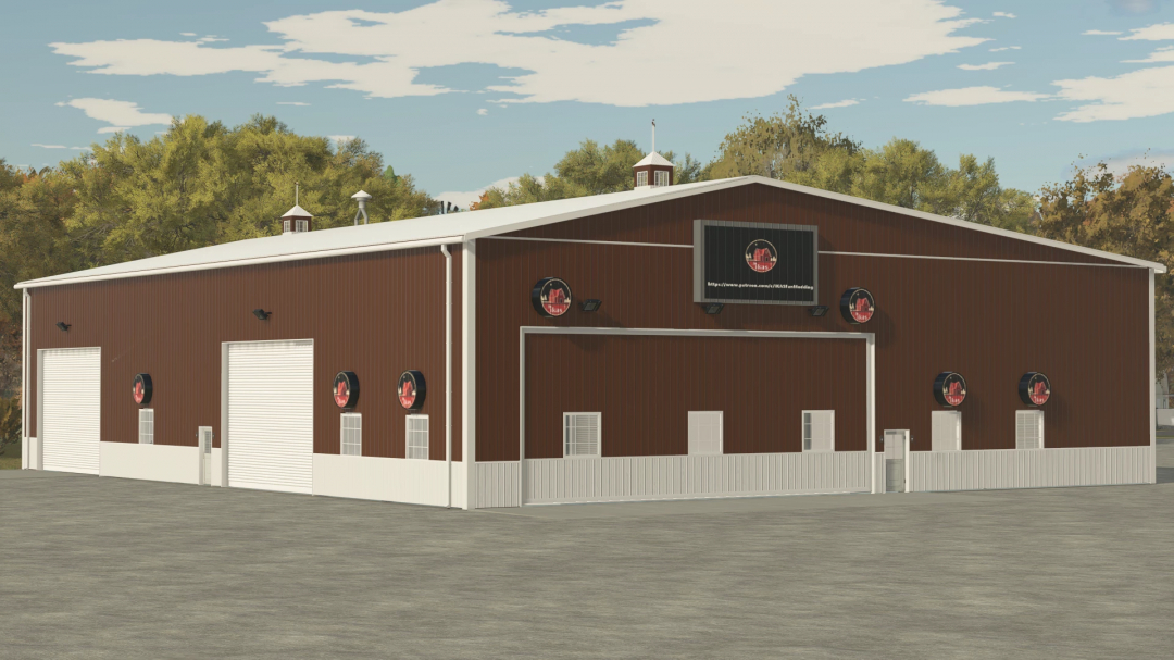 Modern American Midwest shop mod for FS25 featuring large brown building with garage doors. Farming Simulator 25 mods.