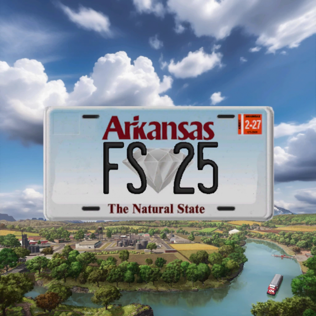 Arkansas License Plate mod for FS25 showcasing a scenic farm landscape background.