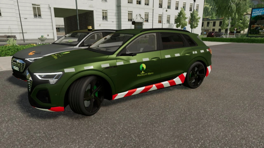 Audi RS Q8 mod in FS22 with green and red decals, showcased in a Farming Simulator 22 environment.