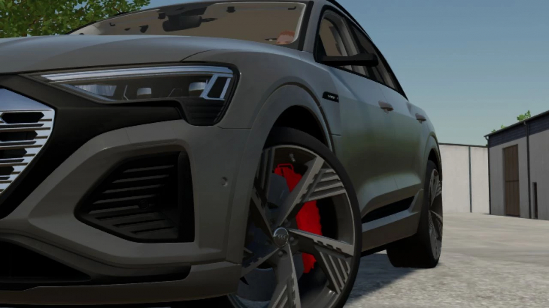 Audi RS Q8 mod in FS22 showcasing detailed front view with custom rims and brake calipers, Farming Simulator 22 mod.