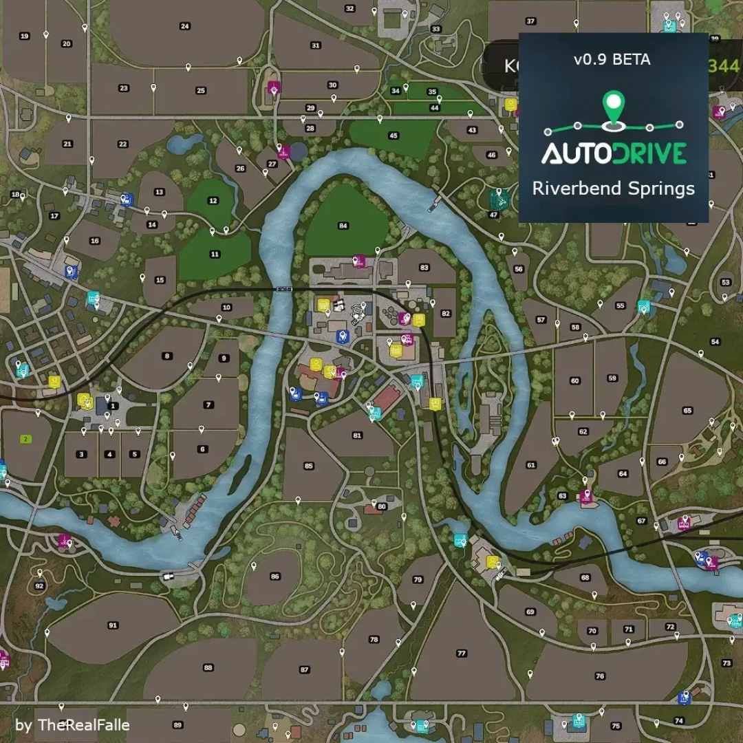 Map of Riverbend Springs in FS25, showcasing the Autodrive Course by TheRealFalle v0.9.0 Beta. Features fields, rivers, and roads.